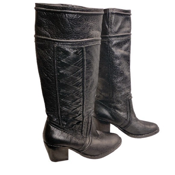 Fossil Boots Felicia Leather Riding boot Black Woven Detail Block Heel size 6.5 - Picture 4 of 17